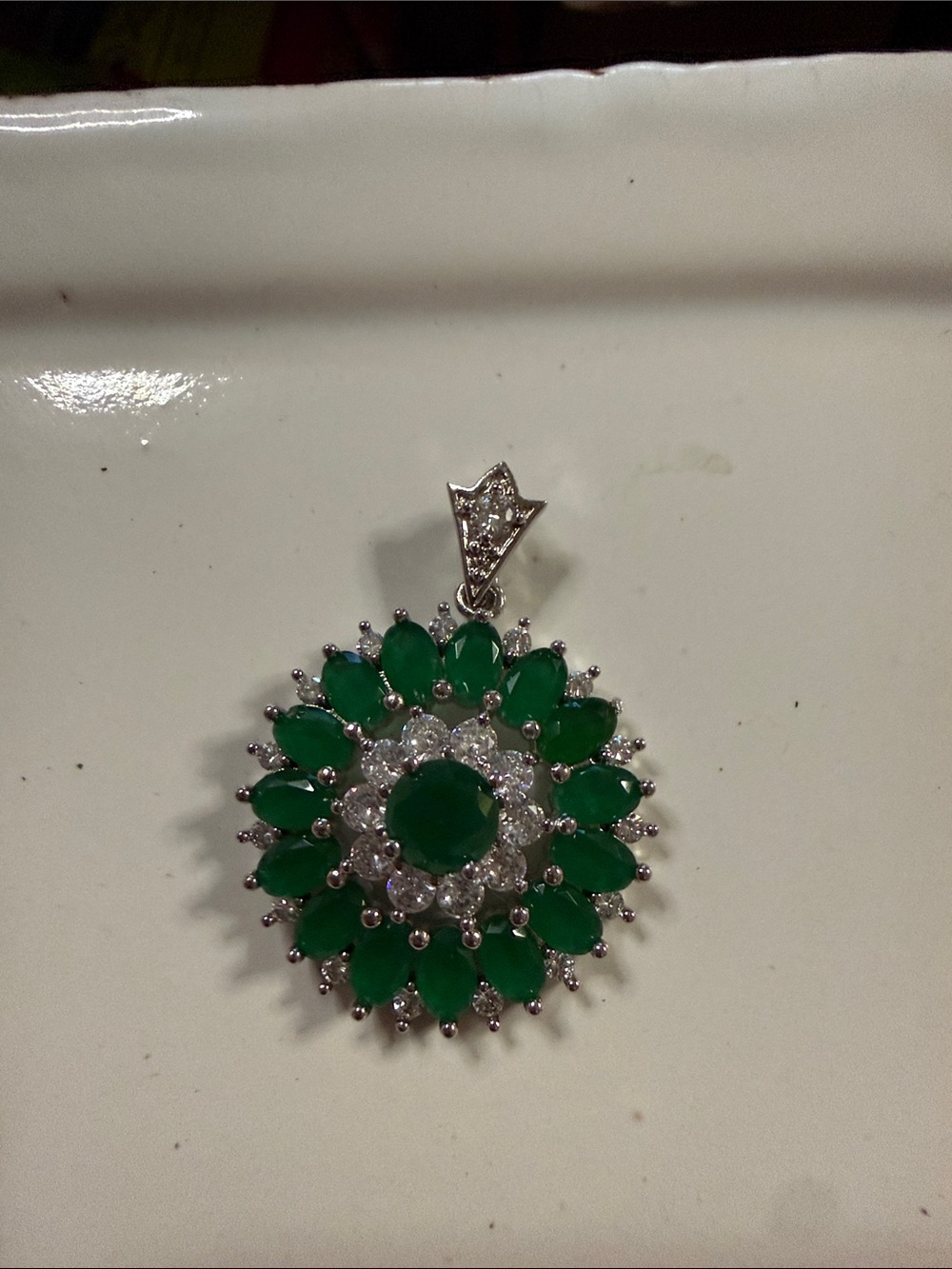 Amazing Women’s new Faux Emerald Halo Cluster Pendant with crystals 2”
